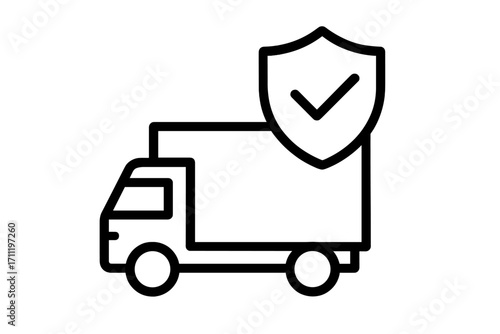 Delivery insurance icon. Secure shipping, protected cargo concept. Logistics and transportation guarantee. Truck with shield and check mark. Safe parcel freight symbol. Vector.