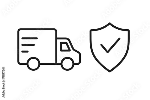 Delivery insurance icon. Secure shipping concept. Insured parcel. Safe transport. Truck and shield with check mark. Guaranteed cargo protection. Logistics safety symbol.