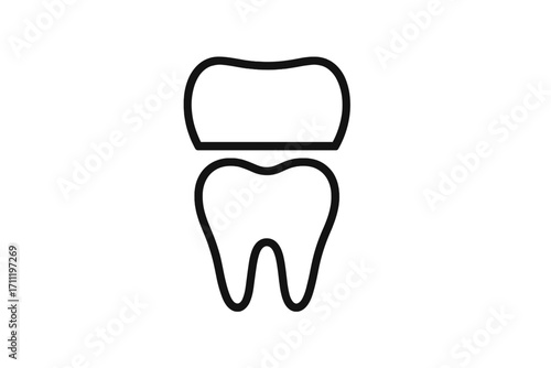 Dental crown on tooth line icon. Dentistry symbol for dental care and oral health. Tooth restoration, implant, cap, or veneer concept. Vector pictogram for clinic logo.