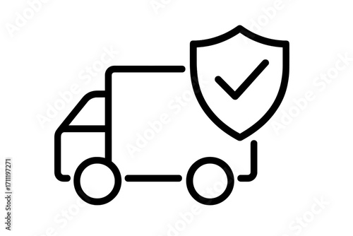 Delivery insurance concept. Truck with shield and check mark icon. Secure shipping, freight protection, safe transportation guarantee. Logistics service vector pictogram.