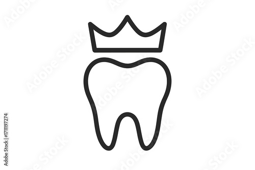 Dental crown icon. Tooth with crown symbol for dentistry, dental clinic logo concept. Stomatology, oral care, and hygiene pictogram. Tooth restoration, implant vector line art.