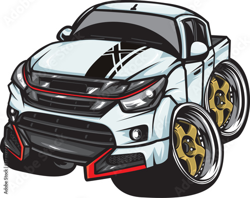Cartoon-Style White Car with Black Stripe Red Accents and Gold Wheels.