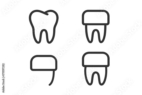 Dental crown and tooth implant line icon set. Dentistry, stomatology, oral hygiene concept. Tooth restoration, molar, prosthesis, endodontics simple vector outline icons.