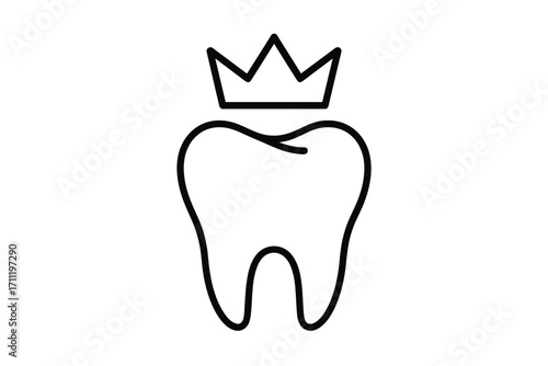 Dental crown linear icon. Tooth with a crown concept for dentistry, stomatology clinic. Dental care, oral health, restoration, implant symbol. Dentist logo vector illustration.