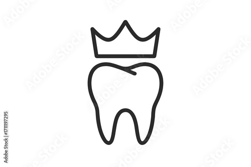 Dental crown logo. Tooth icon for dentistry and stomatology clinic. Metaphor for dental care, health, and treatment. Medical implant symbol. Minimal linear vector sign.