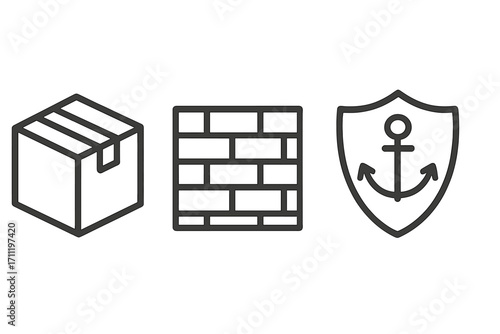 Box, brick wall, anchor in shield line icon set. Outline signs for web design. Metaphor for security, logistics, stability. Concept for shipping, construction, protection.