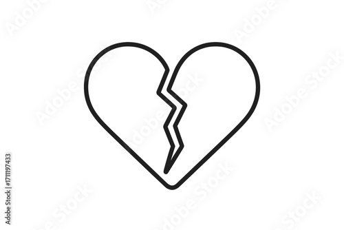 Broken heart icon vector. Minimalistic outline symbol of heartbreak, sadness, and lost love. Simple line art for concepts of divorce, separation, and relationship problems.