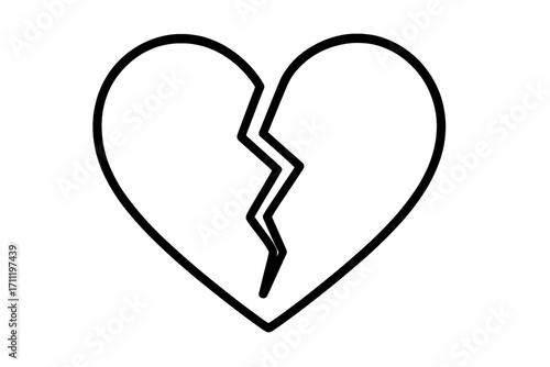 Broken heart icon symbol of heartbreak and sadness. Vector outline illustration of a love crisis, divorce, or separation. Simple linear graphic for web design, apps, and cards.