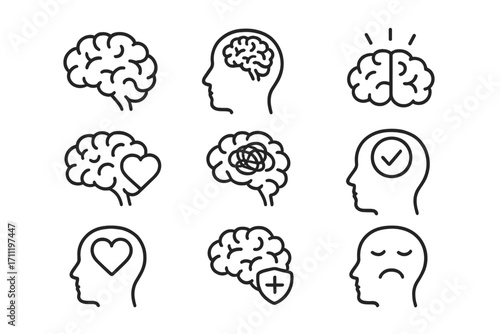 Mental health and psychology icon set. Brain, thought, and mind line icons. Concepts of depression, stress, idea, solution, love, emotion, and intelligence. Editable stroke vector.