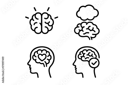 Mental health outline icon set. Brain, thought, psychology concept. Vector icons of head with heart, cloud, idea. Editable stroke for depression, wellness, positive thinking.