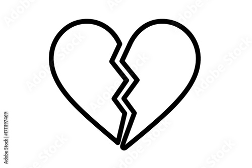 Broken heart outline icon vector illustration. Simple line art symbol of heartbreak, sadness, and divorce. Metaphor for relationship problems, pain, grief, and separation.