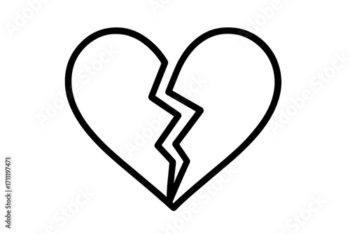 Broken heart icon for heartbreak, divorce, or breakup. Sad love symbol of a relationship problem. Linear vector logo for expressing sad feelings and emotions. Pain, loss.