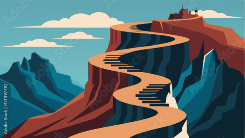 Carved into the rock face is a series of switchbacks guiding travelers through the treacherous pass and towards their destination.