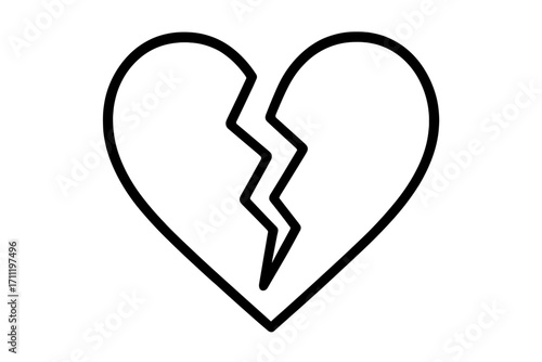 Broken heart icon. Linear heartbreak symbol. Concept of loneliness, sadness, depression. Metaphor for divorce, separation, breakup. End of a relationship. Pain and sorrow.