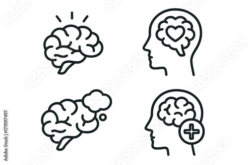Mental health and psychology outline icon set. Brain, mind, thinking, idea, emotional intelligence, positive thought, and wellness concepts. Editable stroke vector symbols.