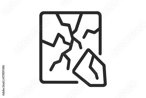 Broken glass icon. Cracked window symbol. Shattered surface sign. Damage, destruction concept. Fragile line art. Vector illustration for web, app, ui. Minimalist design.