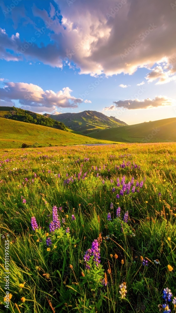 Fototapeta premium Scenic Landscape with Wildflowers Under Dramatic Clouds at Sunset