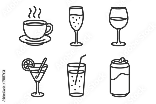 Drink and beverage line icon set. Coffee, wine, cocktail, champagne, soda can and soft drink glass. Minimalist outline vector icons for bar menu, cafe, party and celebration.