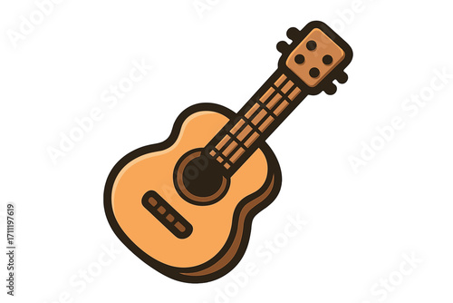 Acoustic guitar vector icon. Ukulele cartoon illustration. String musical instrument graphic symbol. Folk music, country song design element. Classic musician hobby logo.