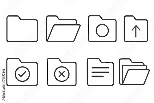 Minimalist Folder Line Icons Set. Outline Folder Symbols for Web, Apps, Banner. Document, Approval, Cancel, Upload, Organize, File Management Concept. Vector Linear Pictogram Collection
