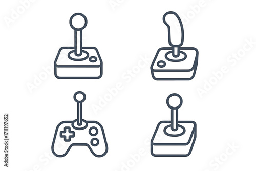 Joystick and gamepad line icon set. Video game controller collection for gaming and esports. Retro arcade stick and modern joypad pictogram. Vector outline symbol pack.