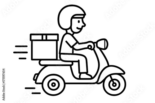 Delivery service by scooter. Courier on a moped with a parcel box. Fast express shipping. Logistics and transportation concept. Delivery person icon. Vector outline illustration.