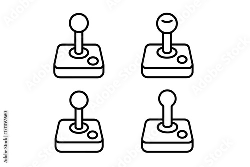 Joystick line icon set. Retro gaming controller symbol. Arcade video game pictogram collection. Minimalist outline vector graphic. Editable stroke for app and web design.