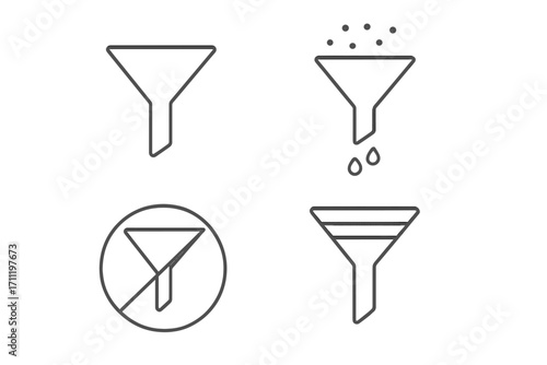 Filter and funnel outline icon set. Data sorting, refining, and conversion concept. UI UX signs for website and app design. Vector symbols for selection, analysis, and process.