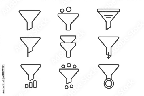 Filter and funnel line icon set for data sorting and analysis. Vector pictograms for marketing sales funnel, lead generation, conversion rate optimization, and UI/UX design.
