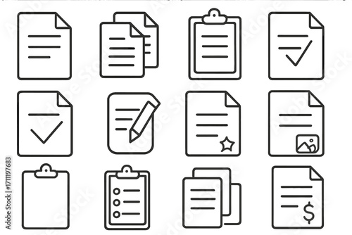 Document and clipboard line icon set. Vector collection of thin outline symbols for office tasks and business. Includes edit, checklist, invoice, copy, and approved file icons.