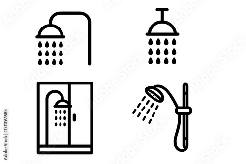 Shower icon collection. Bathroom symbols. Vector line art. Shower head, water spray, drops, cabin, handheld shower. Hygiene, clean, wash concept. Pictogram set for web design.