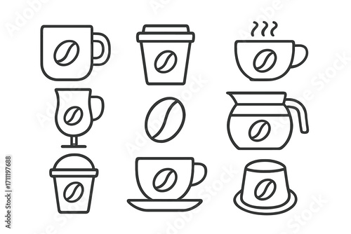 Coffee line icon set. Cafe and drink outline symbols. Vector collection of coffee cup, mug, pot, bean, and capsule pictogram for web, app, and menu design. Minimalist beverage graphic.