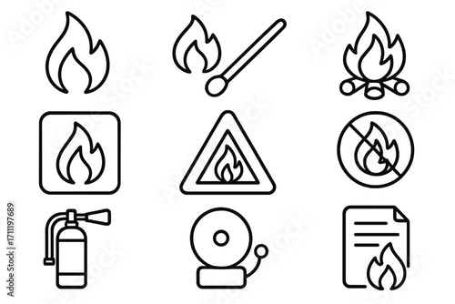 Fire line icon set. Flame, bonfire, match, fire extinguisher, alarm and warning signs. Flammable symbol for danger alert. Vector outline pictogram collection for web, app, ui.