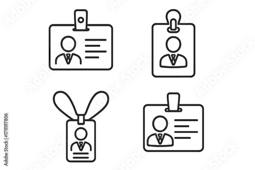 Employee ID badge line icon set. Staff identification card, security access pass, corporate name tag. Lanyard holder symbol collection. Vector outline for business identity.