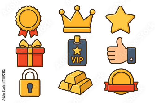 VIP and rewards program icon set. Premium member, exclusive bonus, and loyalty achievement vector symbols. Gold crown, star, gift, and like button for web and apps.