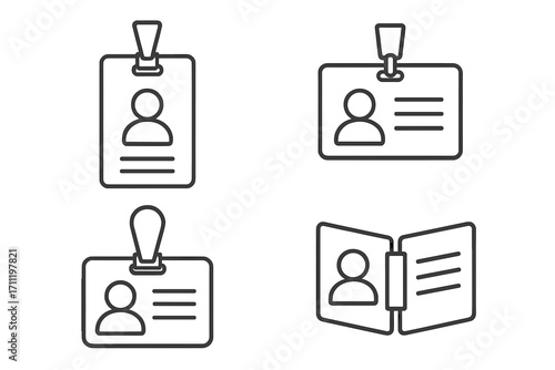Employee ID badge outline icon set. Vector line art collection of identification cards, name tags, and security passes. Corporate identity and access control concept.