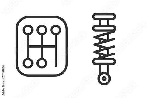Manual transmission gear stick shift icon and car shock absorber line symbol. Automotive vehicle parts set for auto repair service. Gearbox and suspension vector signs.