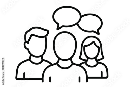 People talking icon. Teamwork, communication, and discussion concept. Group of faceless users with speech bubbles. Vector outline illustration for social media and web design.