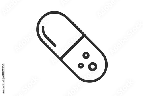Pill icon vector. Capsule medicine symbol for pharmacy and healthcare. Medical drug, vitamin, or supplement illustration. Line art graphic for medication & treatment concept.