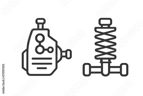 Car parts icon set. Headlight lamp and shock absorber strut suspension. Auto service, repair concepts. Automobile components linear vector illustration. Outline pictogram.