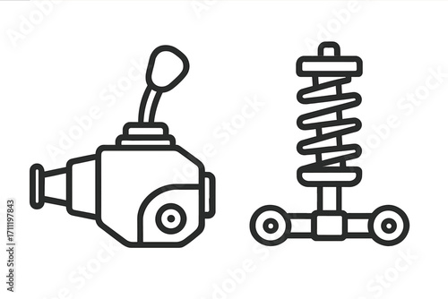 Car parts icon set. Gearbox with manual transmission stick and car shock absorber suspension strut. Auto service, automotive repair, chassis concept. Vector outline illustration.