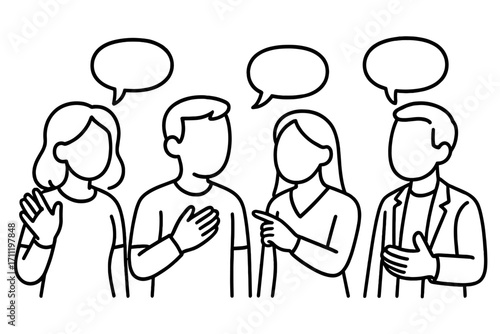 Group of faceless people talking. Characters with speech bubbles in discussion. Outline vector for communication, teamwork, feedback, and social interaction concepts. Dialogue.