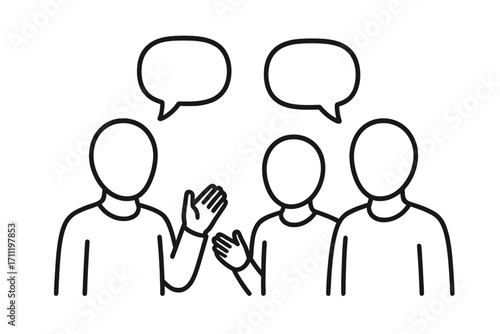 Teamwork communication concept with faceless people. Group discussion, brainstorming, and social interaction. Speech bubbles and dialogue icon. Vector line art illustration.