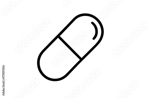 Pill icon. Capsule medicine symbol. Linear drug sign for pharmacy logo. Medical, healthcare, and pharmaceutical concept. Vitamin, supplement, or antibiotic treatment illustration.