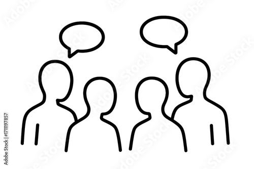 Group of faceless people talking. Communication, dialogue concept. Teamwork, meeting illustration. Social network, community forum symbol. Anonymous persons with speech bubbles. Vector outline icon.