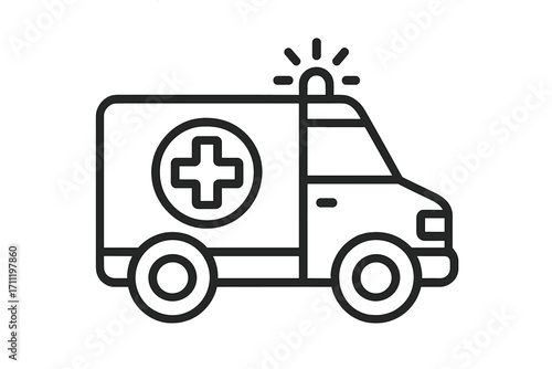 Ambulance icon for emergency medical services. Health care transport vehicle with first aid cross and siren. Hospital rescue van symbol. Linear style vector graphic.