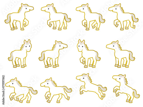 色々なポーズの金縁のついた白い馬のイラストセット