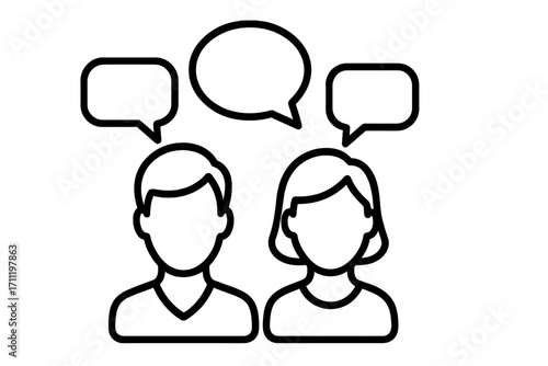 Two faceless people with speech bubbles. Man and woman talking. Communication, dialogue, chat, discussion symbol. Vector icon for social media, forum, feedback, teamwork.