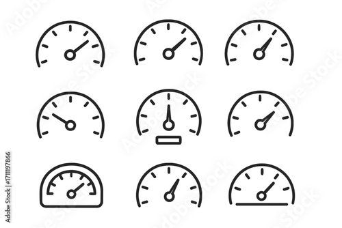 Speedometer thin line icon set. Gauge and dashboard signs for graphic design. Performance indicator, speed meter concept. Vector outline symbols for app, web and UI UX.