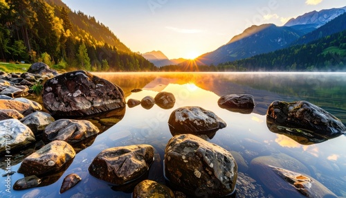 Wallpaper Mural Serene Sunrise Over Mountain Lake with Rocks Torontodigital.ca